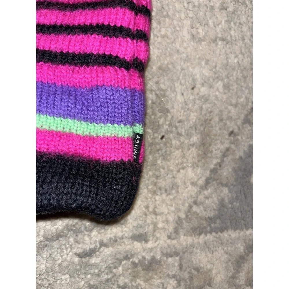 Smiley Winter Ski Hat 100% Pure Wool Black Pink Multi ‎ Made in USA OSFA